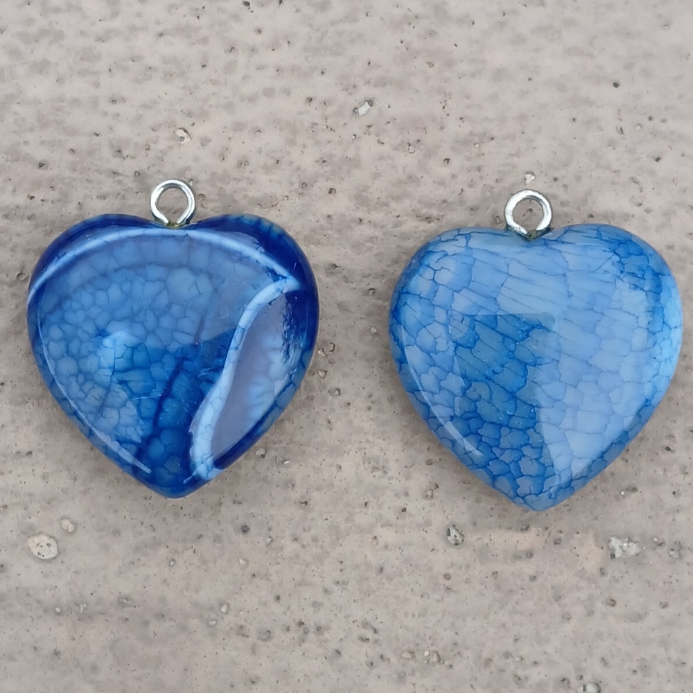 New 2pc Blue Dragon Veins Agate Heart Shaped Pendants.